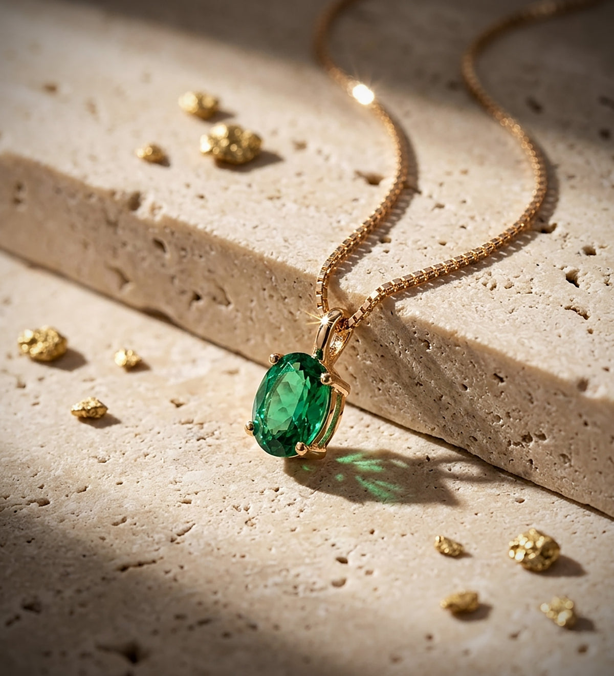 Oval emerald necklace: 18 kt yellow gold with 0.79ct emerald