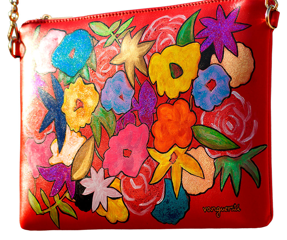 Abstract flowers red hand-painted leather bag – Hand Painted Leather Bag Flowers