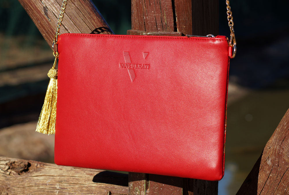 Fallera Champagne red leather bag with Swarovski – Bolso Tela De Fallera Rojo Oro