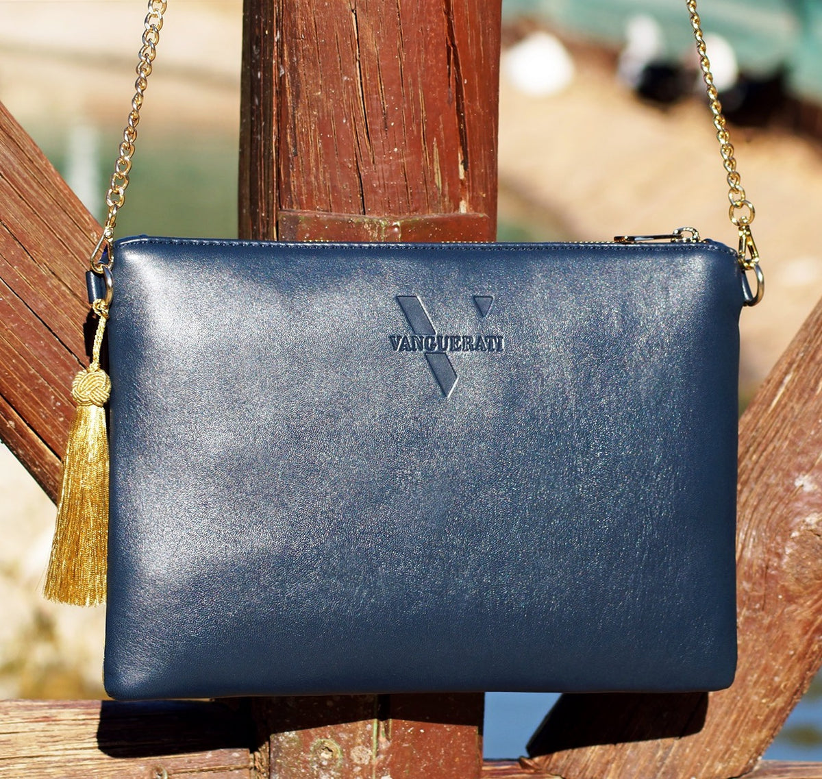 Fallera blue gold leather bag – Bolso Azul Oscuro Edited