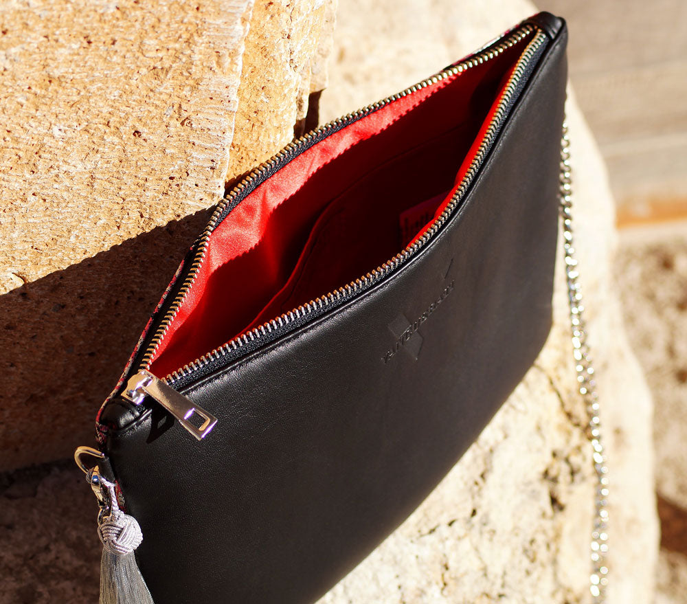 Tela Fallera bag lateral pink leather with Swarovski – Black Leather Bag Vanguerati