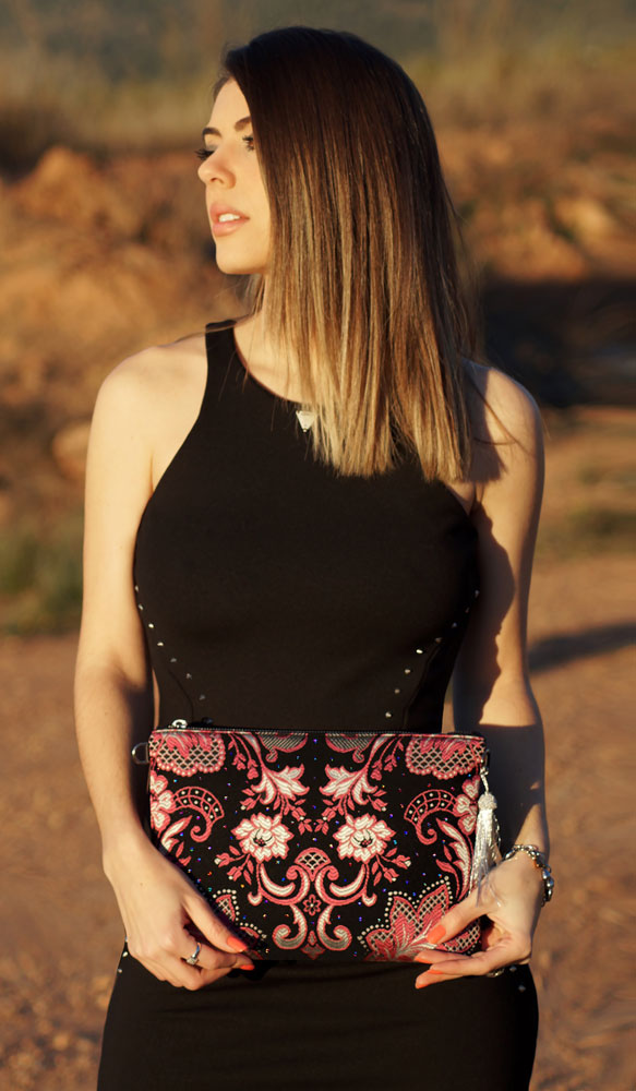 Tela Fallera bag pink leather with Swarovski – Bolso Tela Fallera Rosa Negro 4 Swarovski Vanguerati