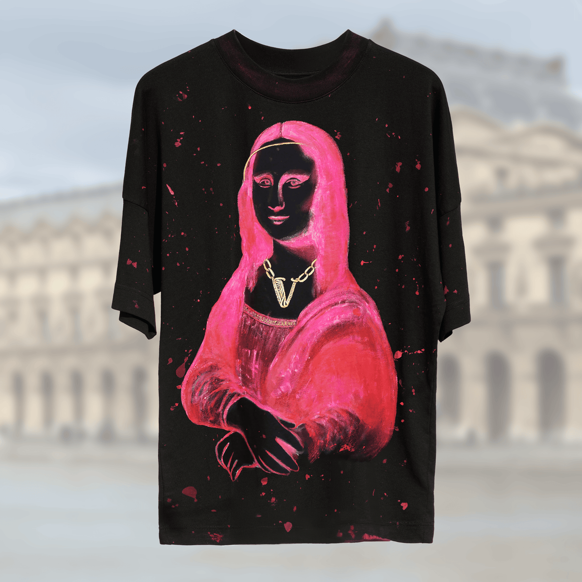 Pink Monalisa neon hand-painted T-shirt