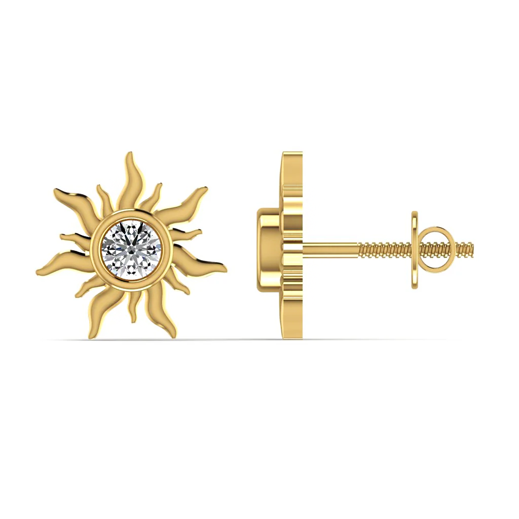 Sun earrings: yellow gold with 0.5ct solitaire diamond – Sun Earrings 2 Yellow Gold With 0.5Ct Solitaire Lab Diamonds Igi Certificate