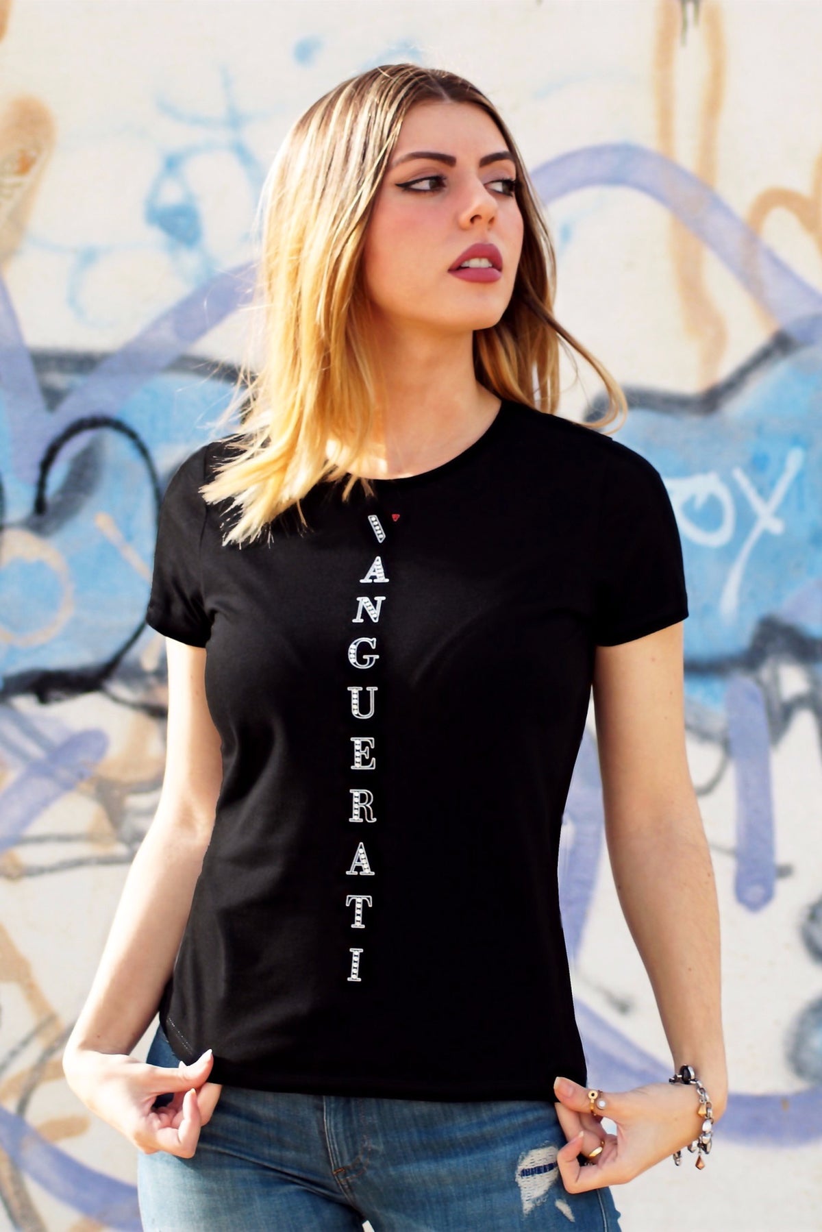 Vertical Swarovski front black narrow T-shirt – Vanguerati Vertical Black