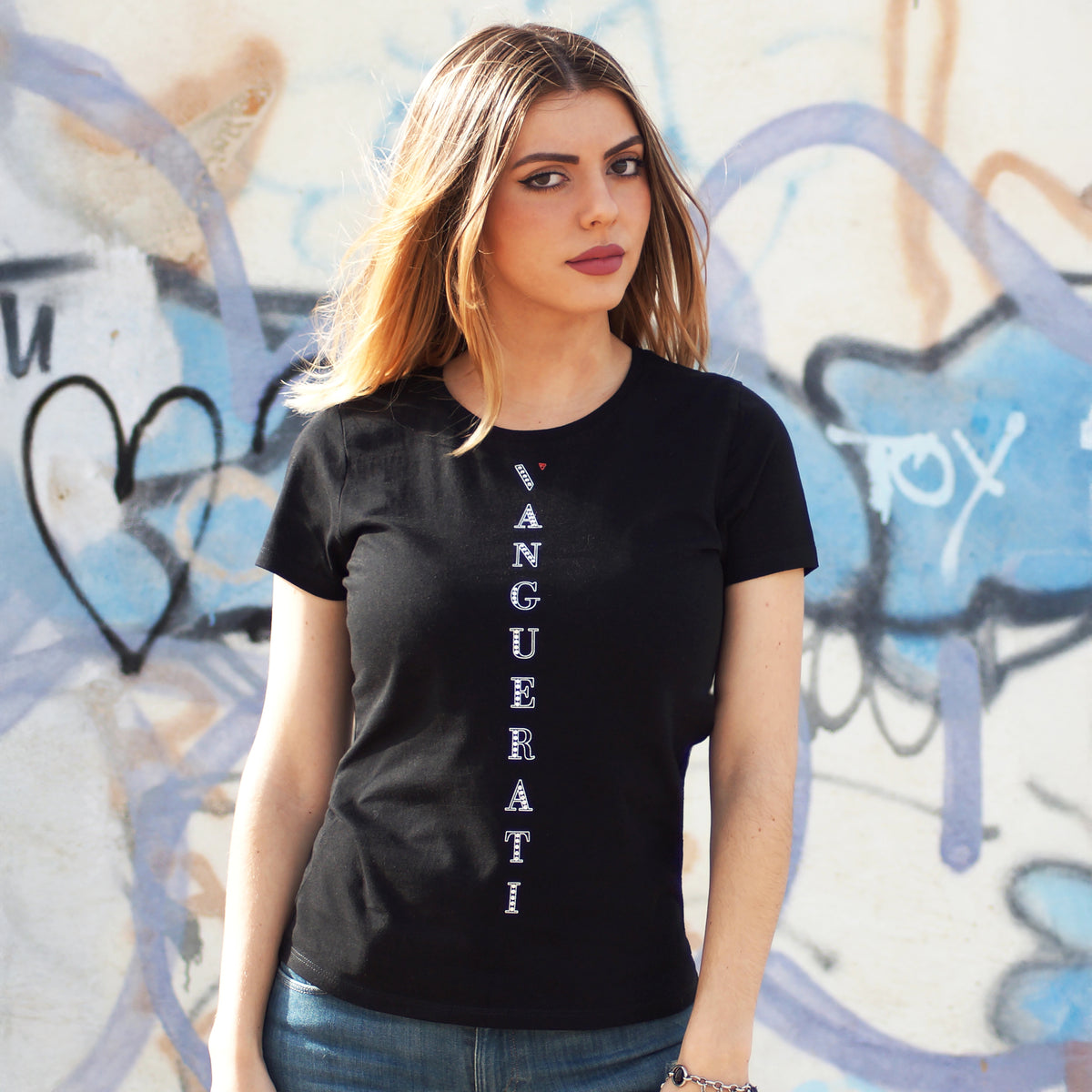 Vertical Swarovski front black narrow T-shirt