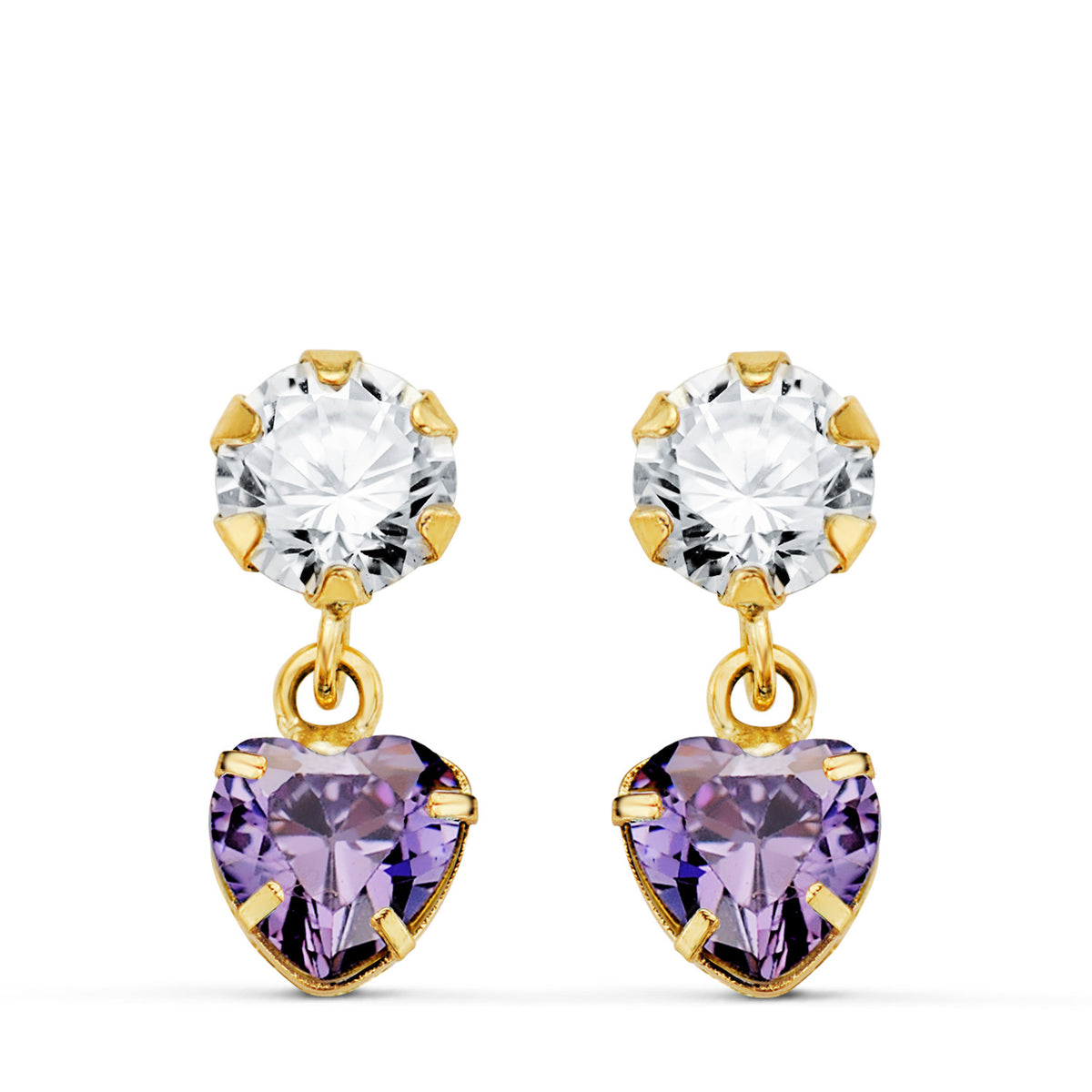 Amethyst heart earrings: 18 kt yellow gold