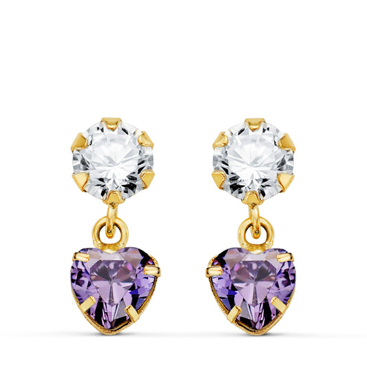 Amethyst heart earrings: 18 kt yellow gold
