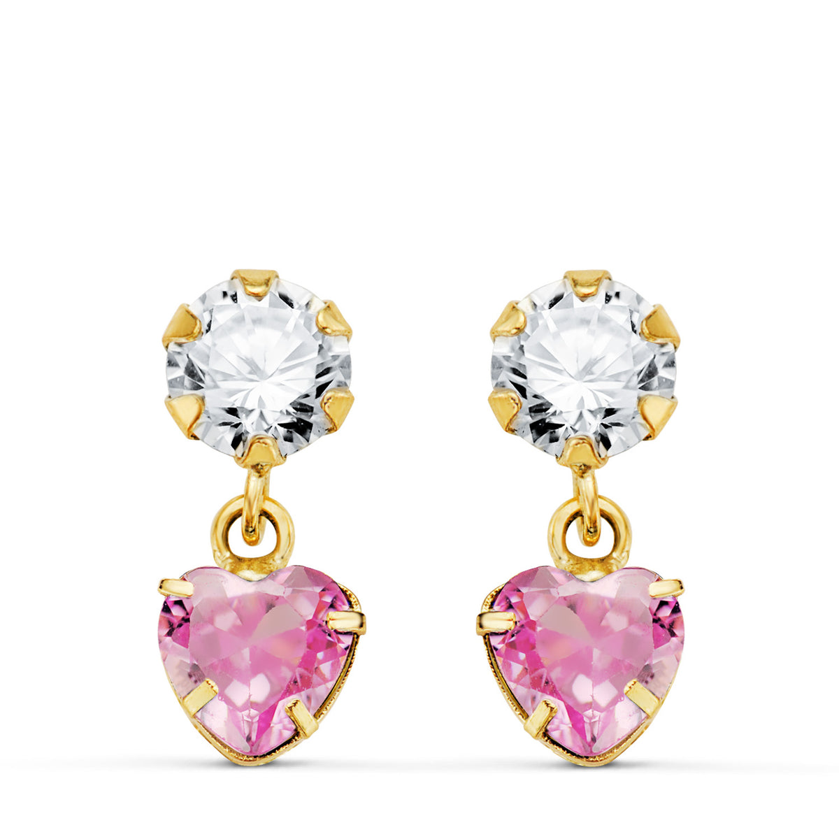 Pink stone heart earrings: 18 kt yellow gold