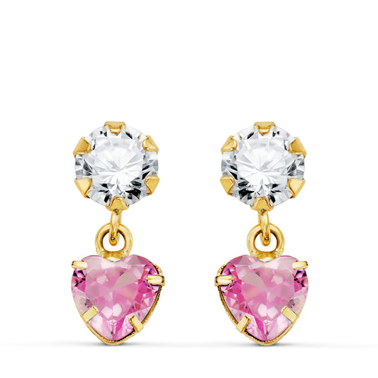 Pink stone heart earrings: 18 kt yellow gold