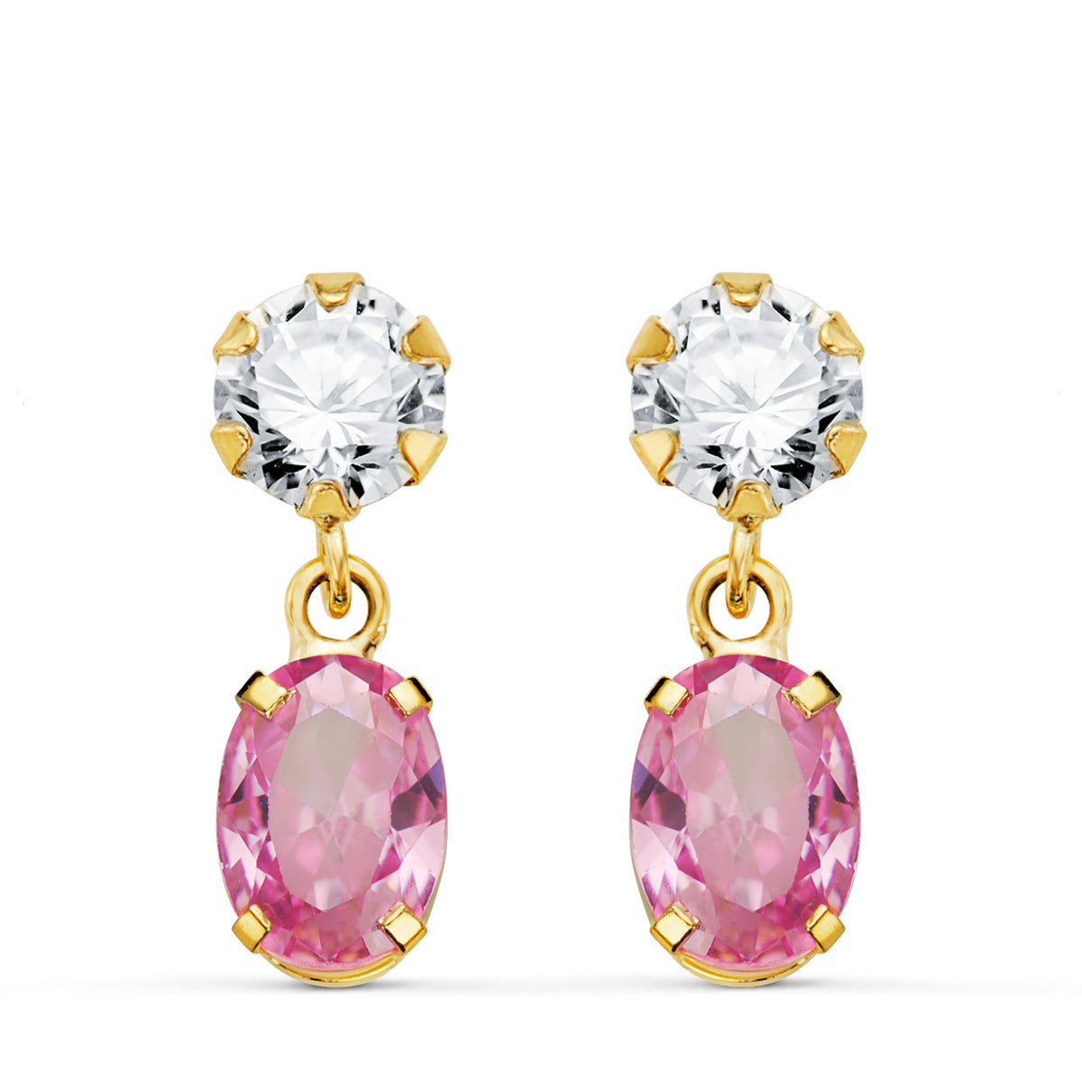 Pink stone oval earrings: 18 kt yellow gold