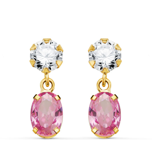 Pink stone oval earrings: 18 kt yellow gold