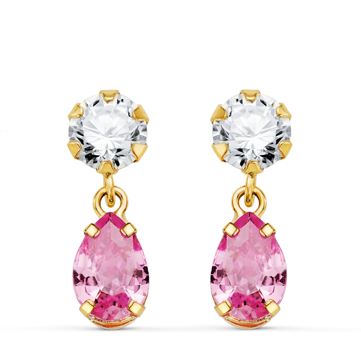 Pink stone teardrop earrings: 18 kt yellow gold