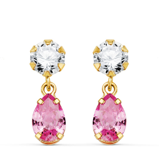 Pink stone teardrop earrings: 18 kt yellow gold