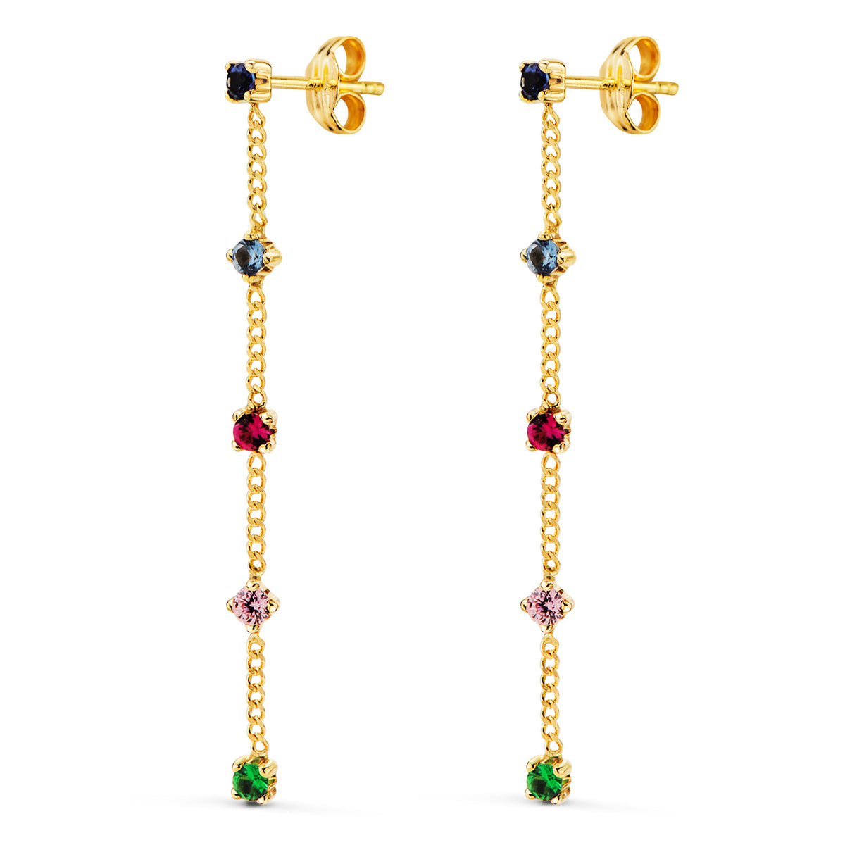 Long colored chain earrings: 18 kt yellow gold