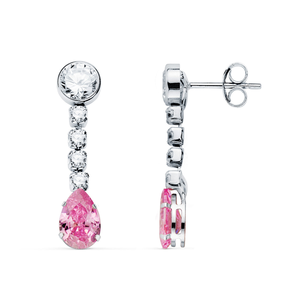Pink stone teardrop long earrings: 18 kt white gold – 21397 Rsa