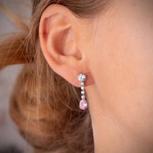 Pink stone teardrop long earrings: 18 kt white gold