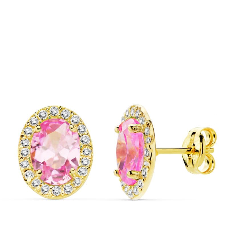 Oval pink zirconia earrings: 18 kt yellow gold