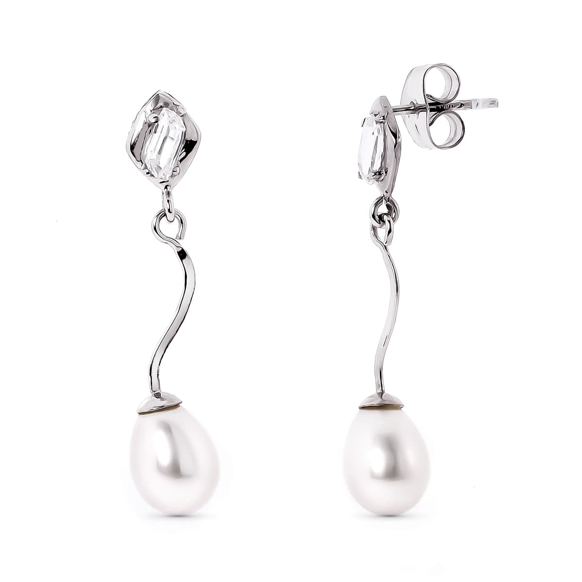 Curved pearl earrings: 18 kt white gold