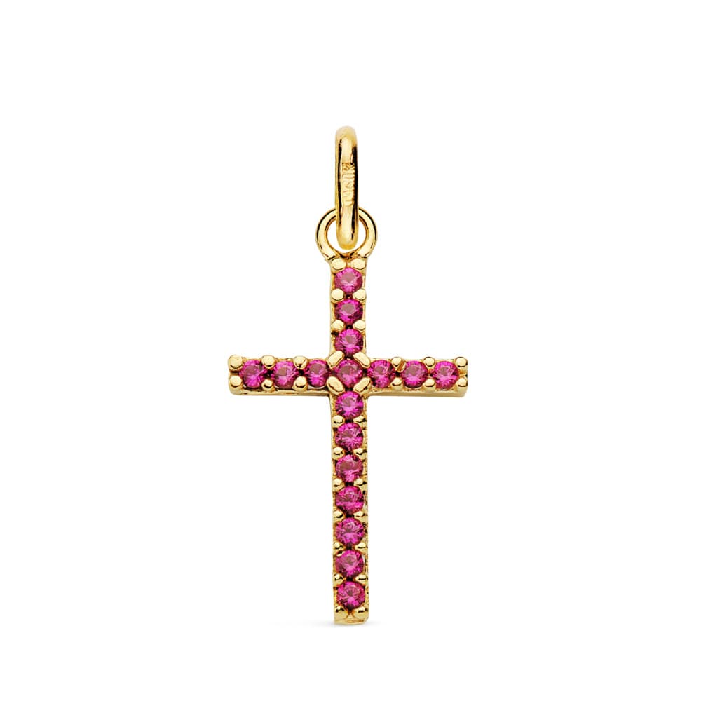 Modern cross red pendant: 18 kt yellow gold with zirconias – 16843 Roa