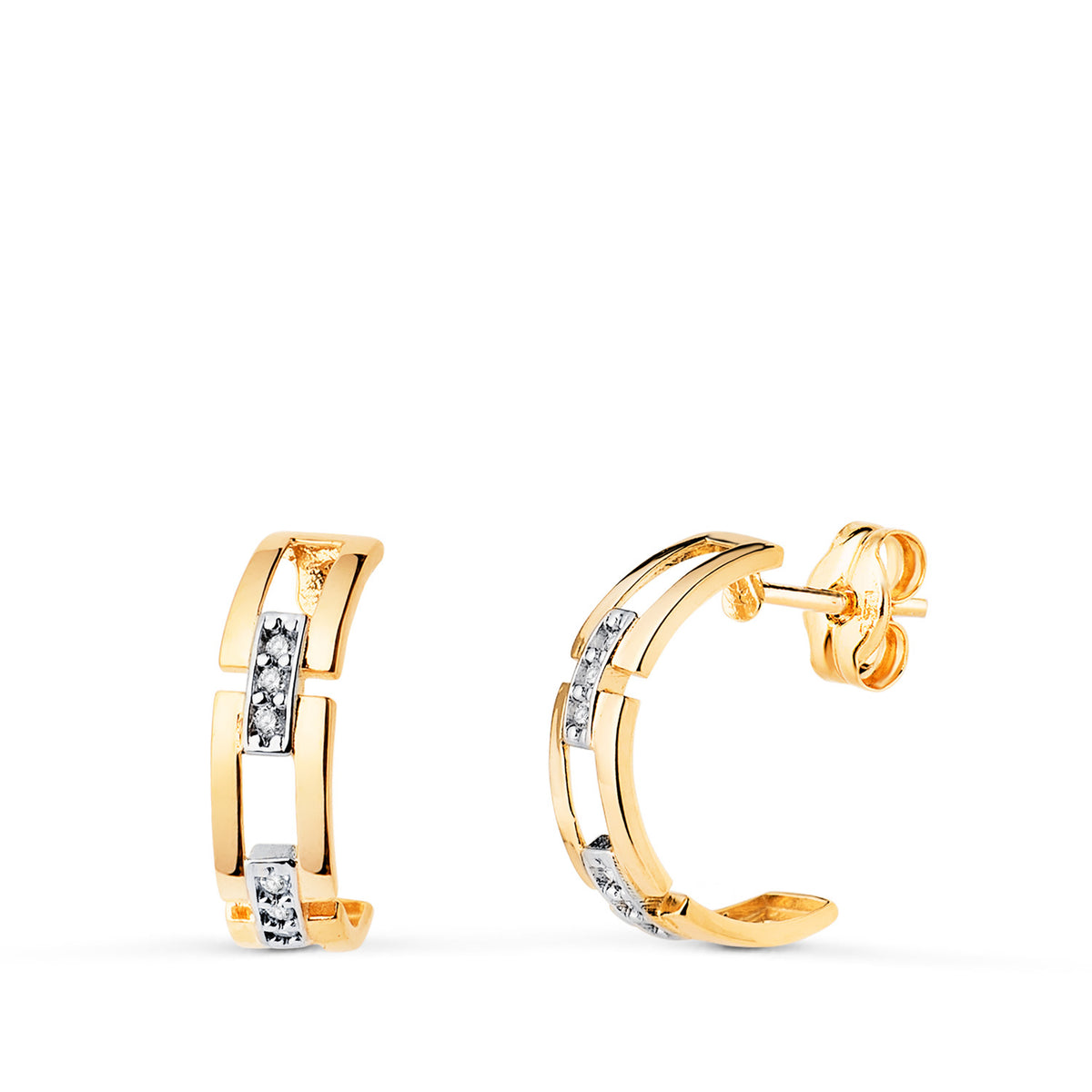 Medium hoop earrings: 18 kt bicolor gold with zirconias – 21491