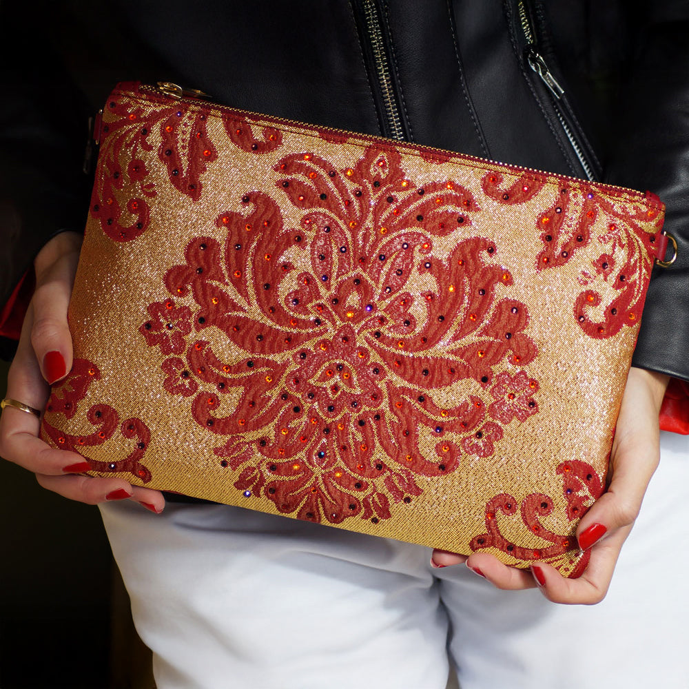Fallera Champagne red leather bag with Swarovski – Bolso Fallera Rojo Oro Swarovski