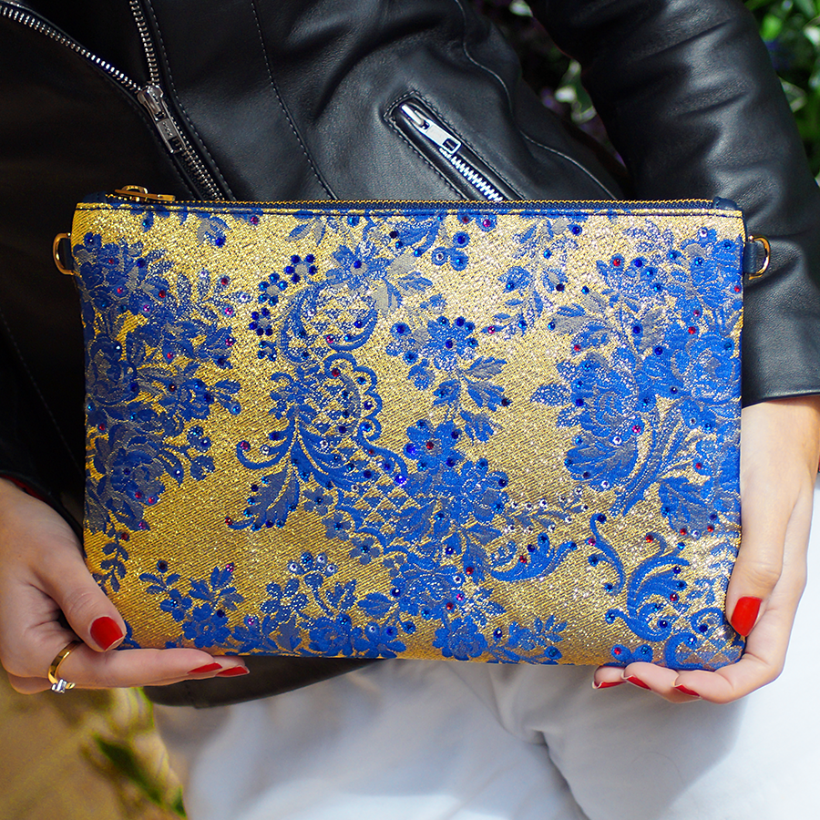 Fallera Champagne blue leather bag with Swarovski – Bolso Azul Cristal Baja