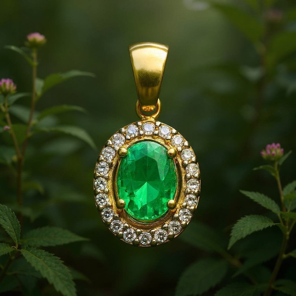 Royal pendant: 18 kt yellow gold with 0.79ct emerald
