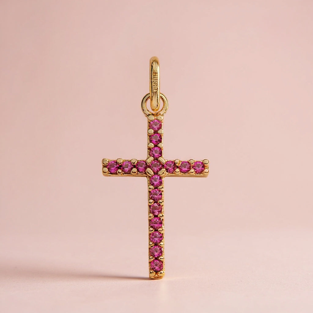 Modern cross red pendant: 18 kt yellow gold with zirconias