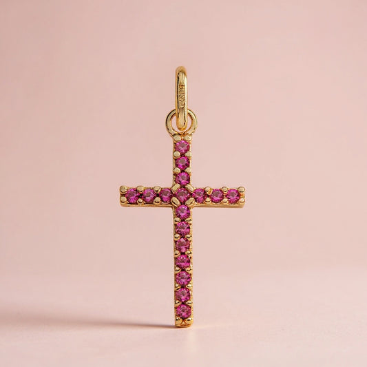Modern cross red pendant: 18 kt yellow gold with zirconias