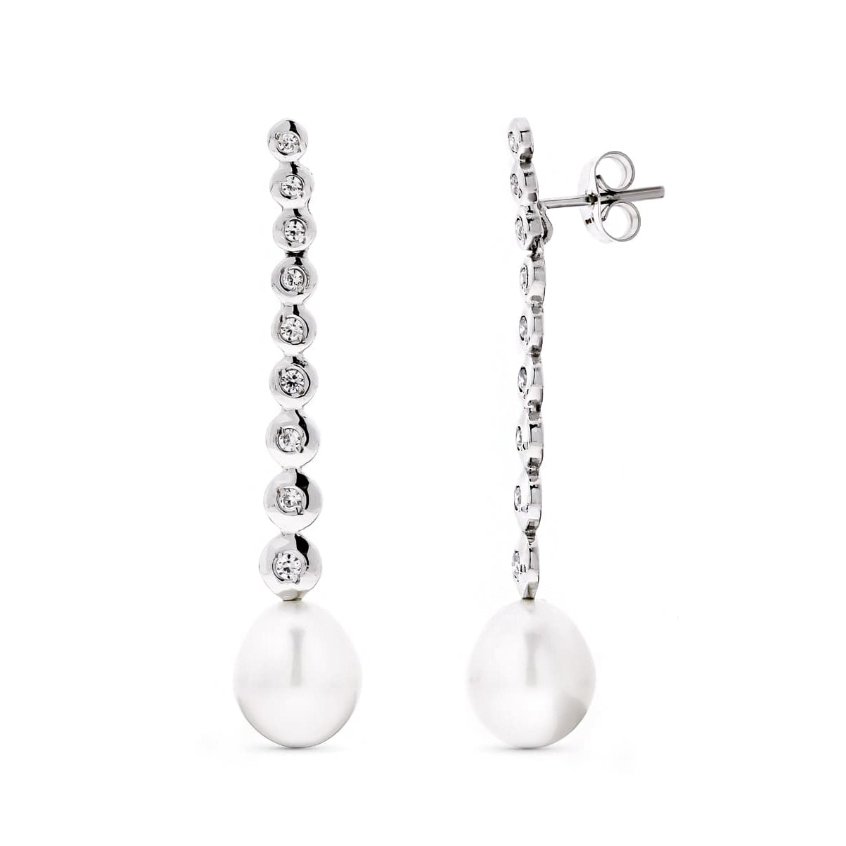 Line pearl earrings: 18 kt white gold with zirconias – Line Earrings