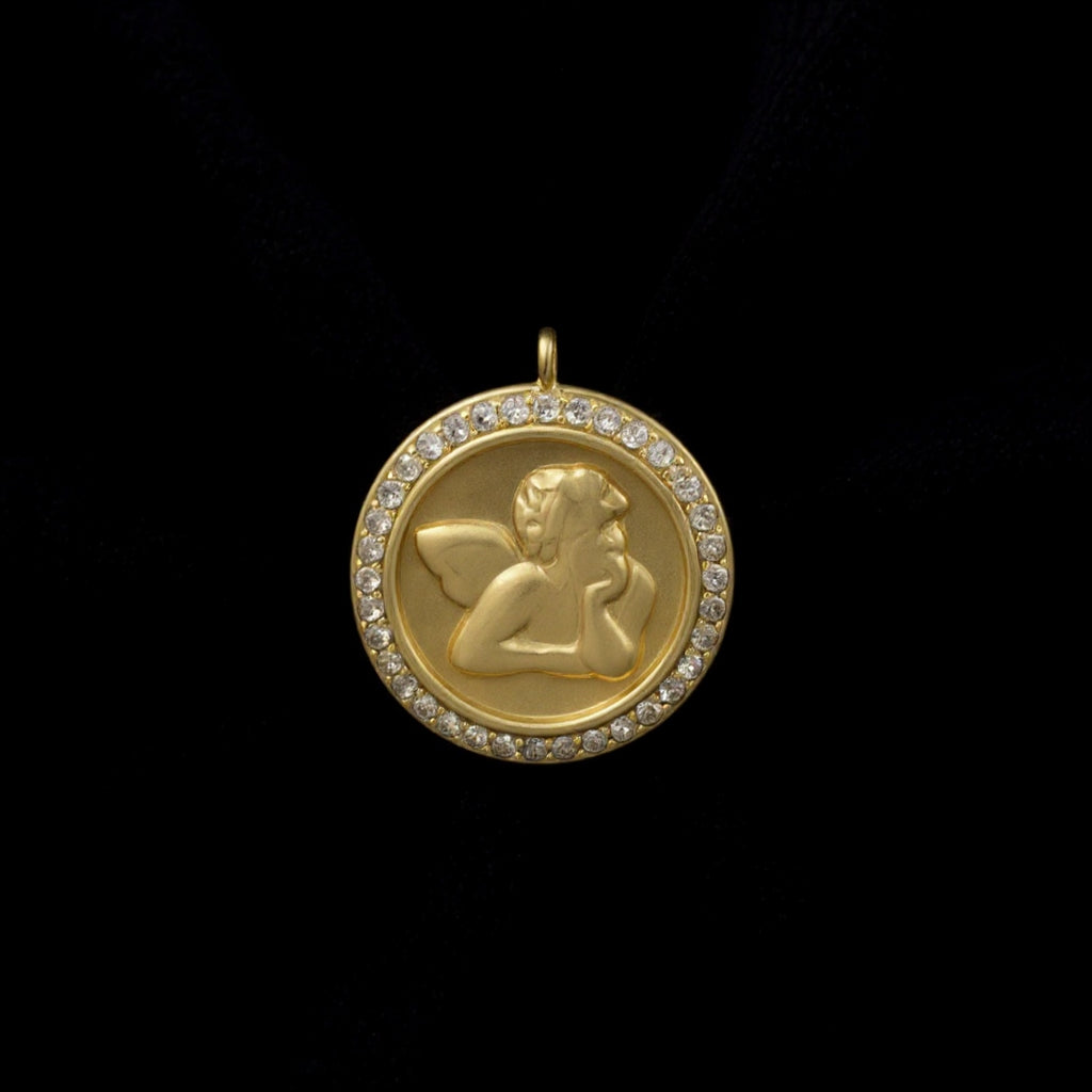 Angel Madonna Sixtina round necklace: 925 sterling silver 18 kt gold plated with zirconias – Angel Round Medal