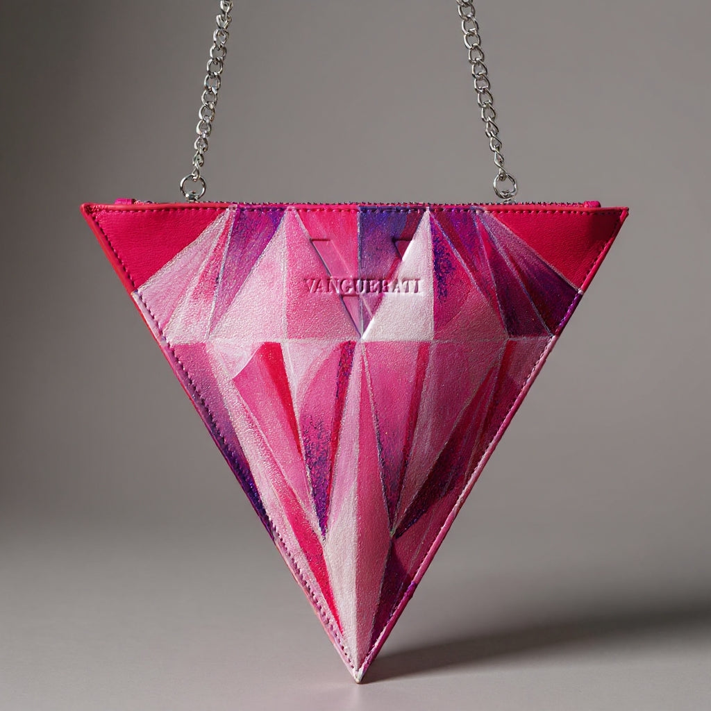 Triangle bag hand-painted diamond pink leather – Triangular Diamond Pink Hand Painted Leather Bag