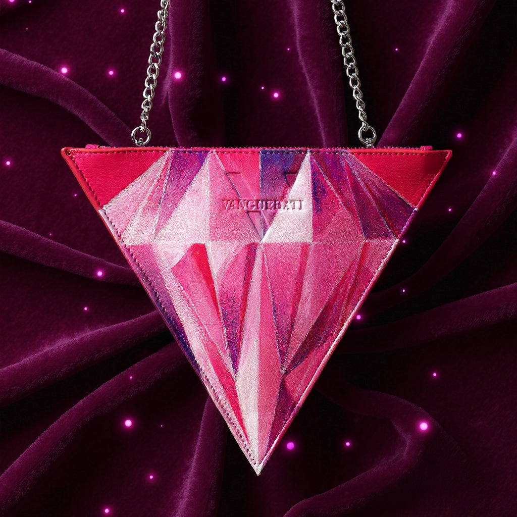 Triangle bag hand-painted diamond pink leather – Triangular Diamond Pink Hand Painted Leather Bag