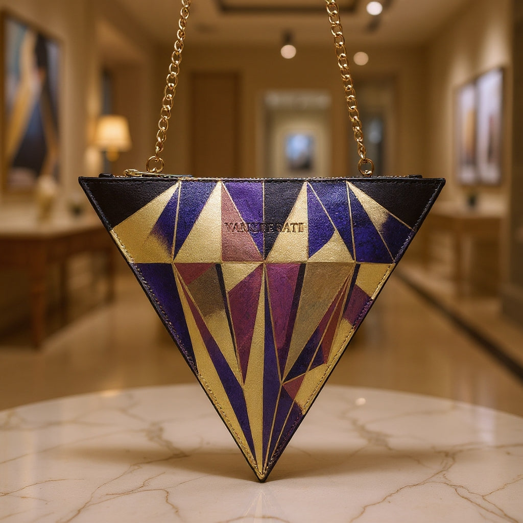 Triangle bag hand-painted diamond brown leather – Triangular Diamond Brown Hand Painted Leather Bag