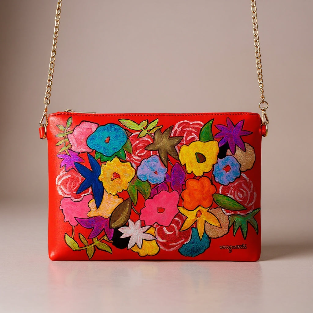 Abstract flowers red hand-painted leather bag