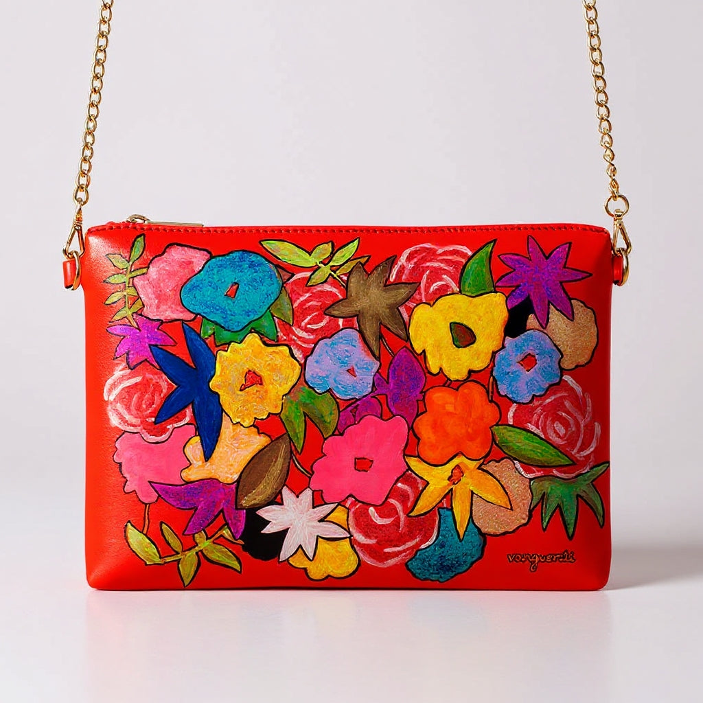 Abstract flowers red hand-painted leather bag – Fallera Big Flowers Leather Bag