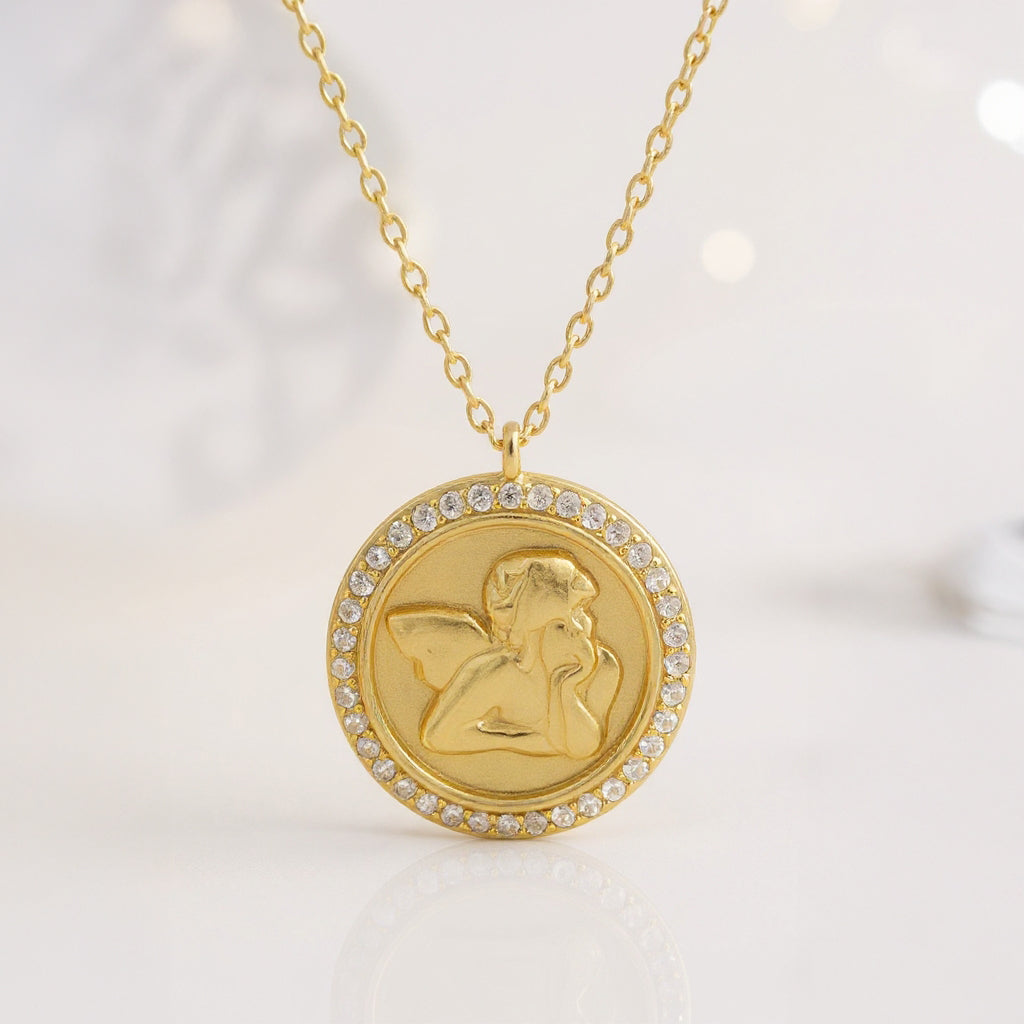 Angel Madonna Sixtina round necklace: 925 sterling silver 18 kt gold plated with zirconias – Angel Madonna Sixtina Round Necklace