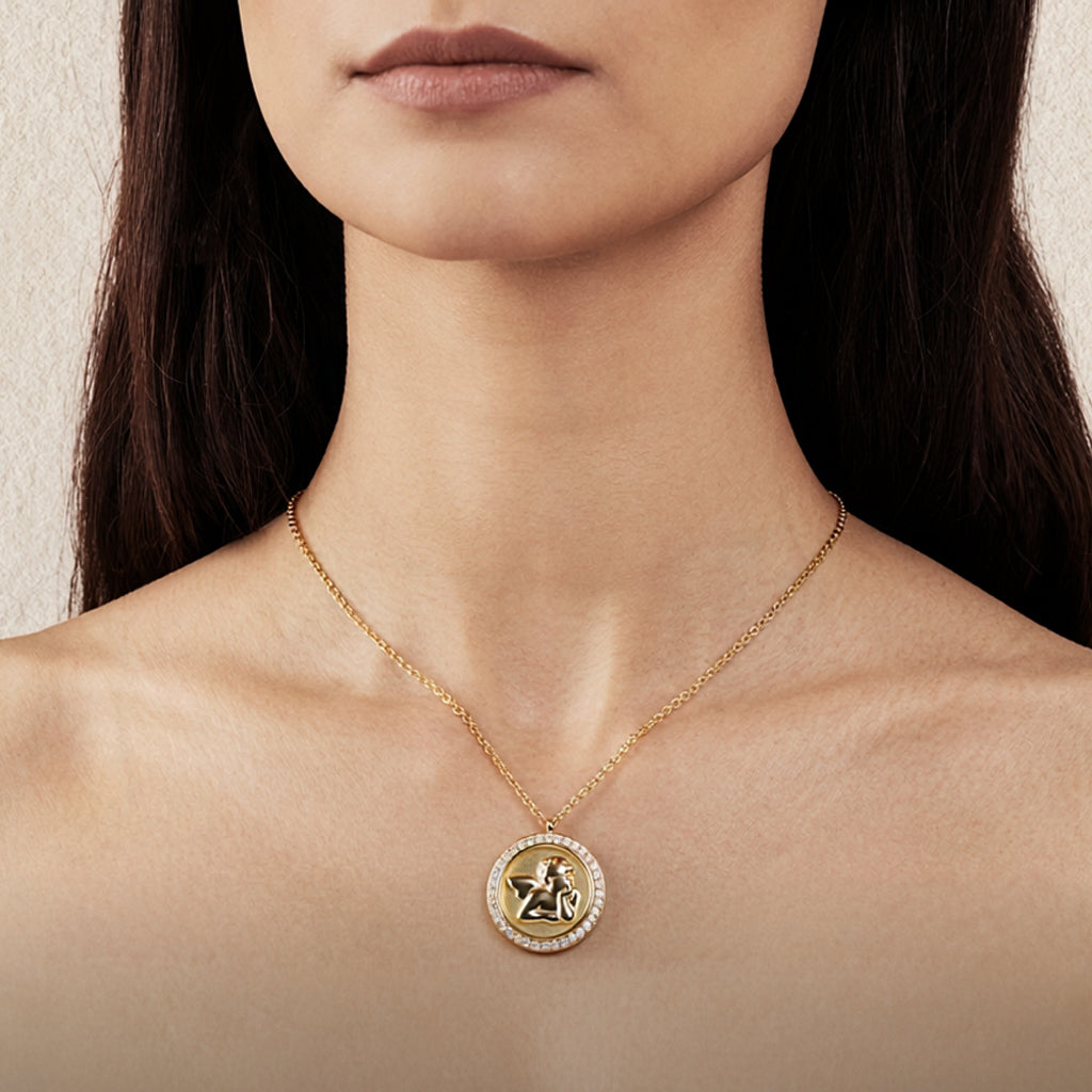 Angel Madonna Sixtina round necklace: 925 sterling silver 18 kt gold plated with zirconias – Angel Madonna Sixtina Round Necklace