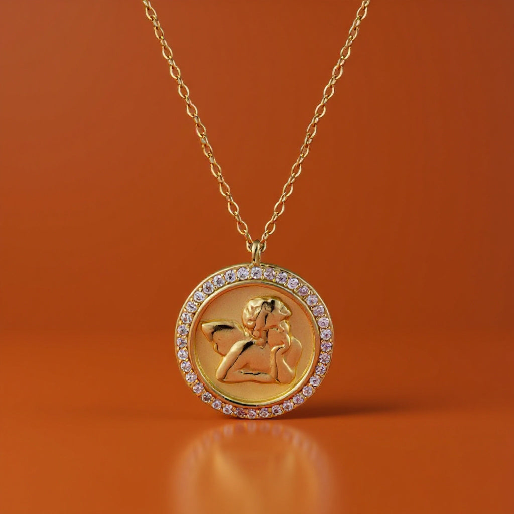 Angel Madonna Sixtina round necklace: 925 sterling silver 18 kt gold plated with zirconias – Angel Madonna Sixtina Round Necklace