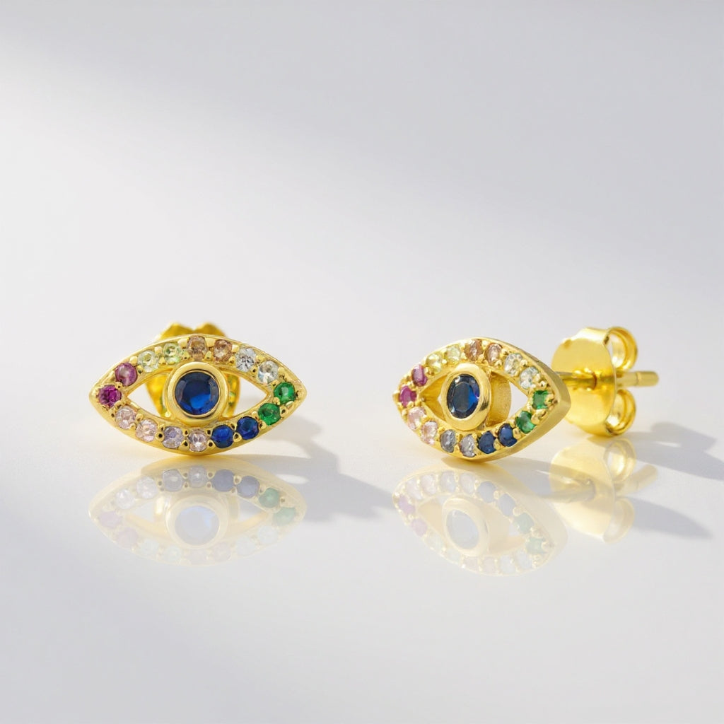 Evil eye stud earrings: 18 kt gold plated 925 sterling silver with rainbow zirconias