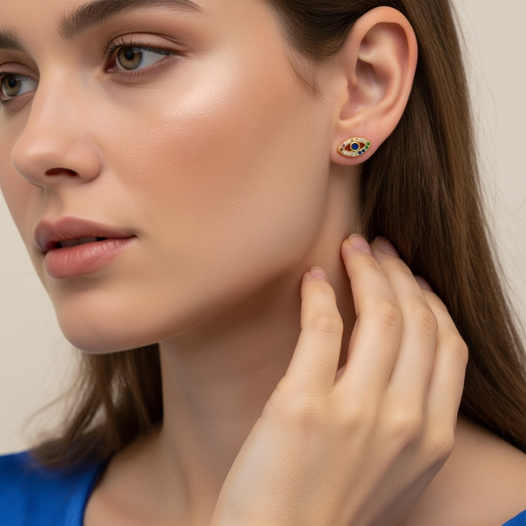 Evil eye stud earrings: 18 kt gold plated 925 sterling silver with rainbow zirconias – Evil Eye Earrings