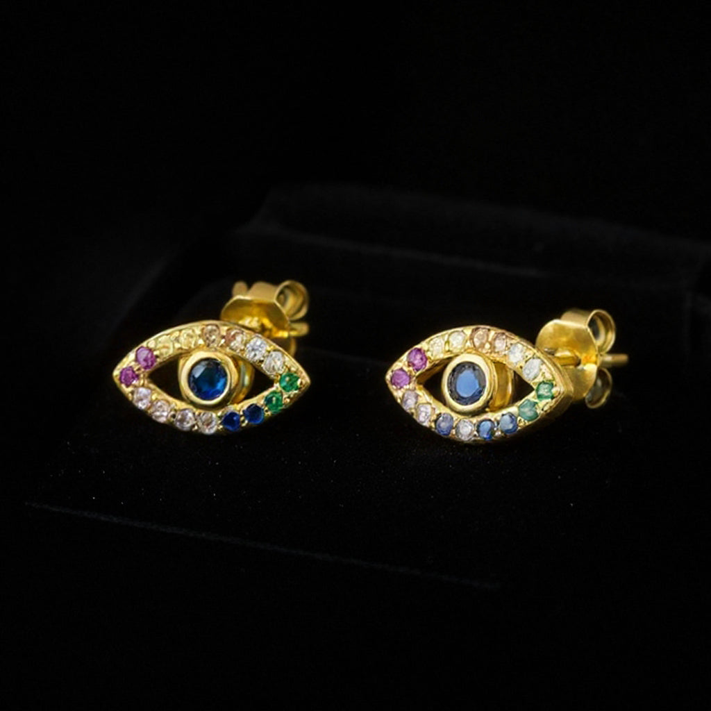 Evil eye stud earrings: 18 kt gold plated 925 sterling silver with rainbow zirconias – Evil Eye Earrings