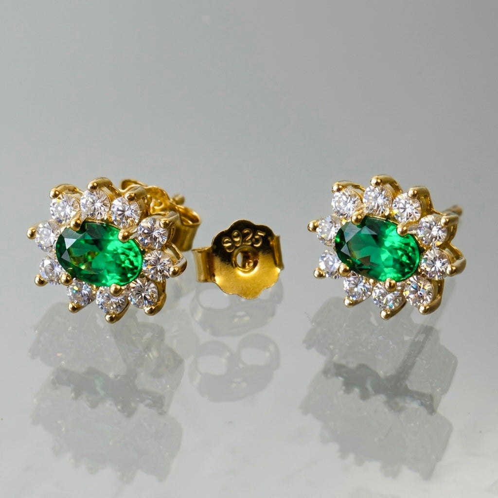 Emerald Green Halo Earrings | 18K Gold Plated 925 Sterling Silver