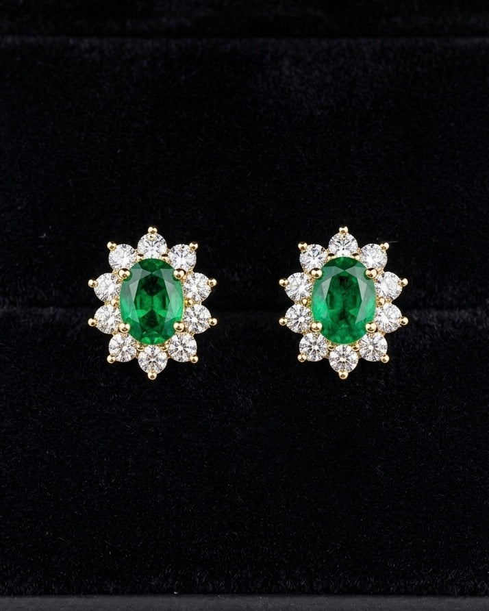 Emerald Green Halo Earrings | 18K Gold Plated 925 Sterling Silver