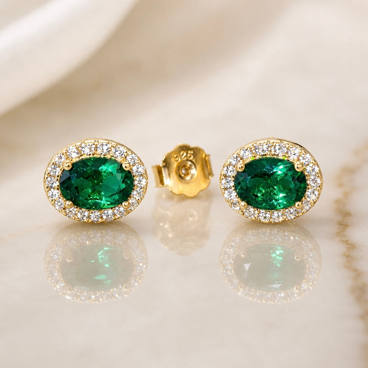 Royal Emerald Halo Stud Earrings | 18K Gold Plated 925 Sterling Silver
