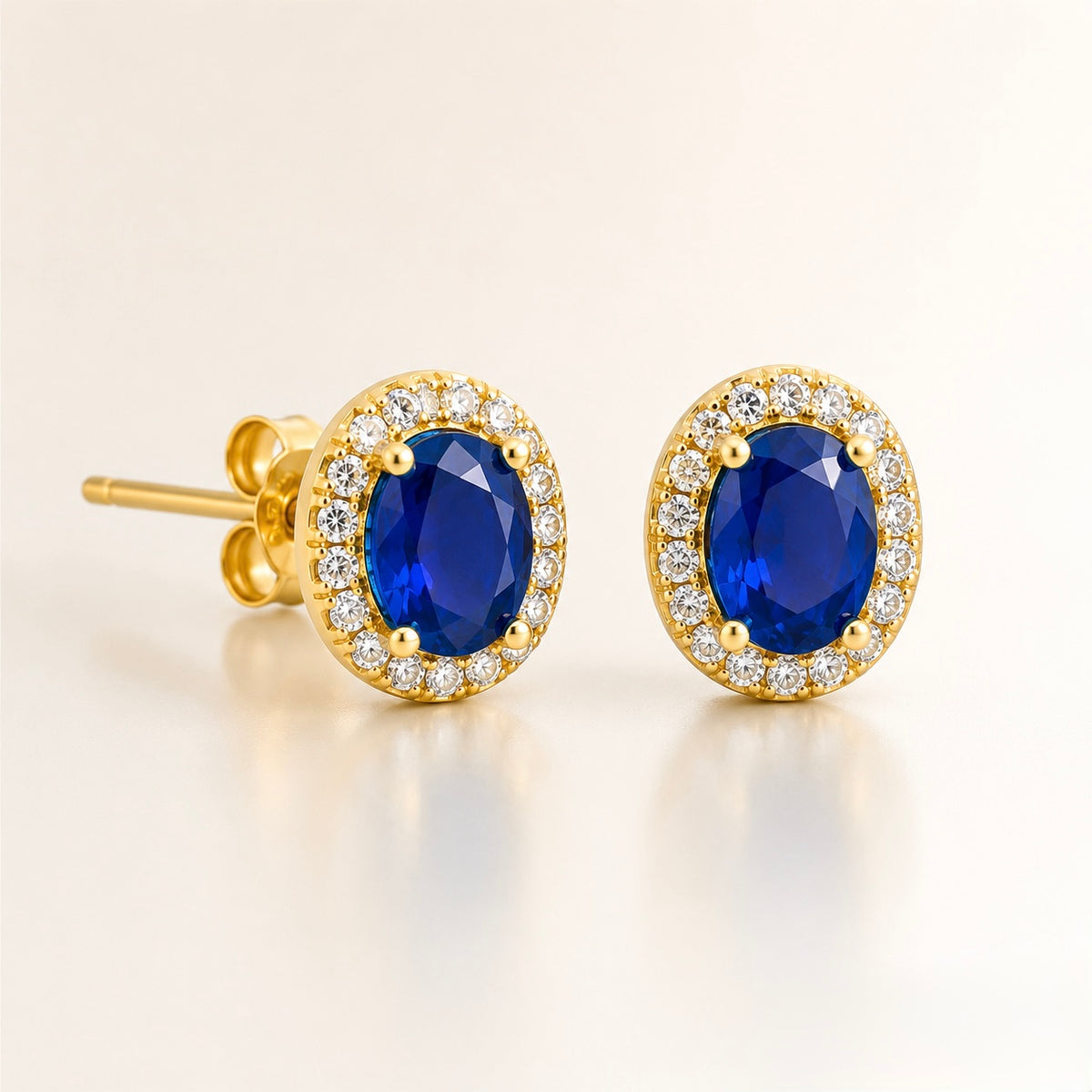 Royal Sapphire Halo Stud Earrings | 18K Gold Plated 925 Sterling Silver