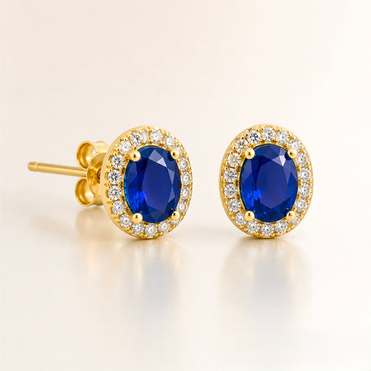 Royal Sapphire Halo Stud Earrings | 18K Gold Plated 925 Sterling Silver