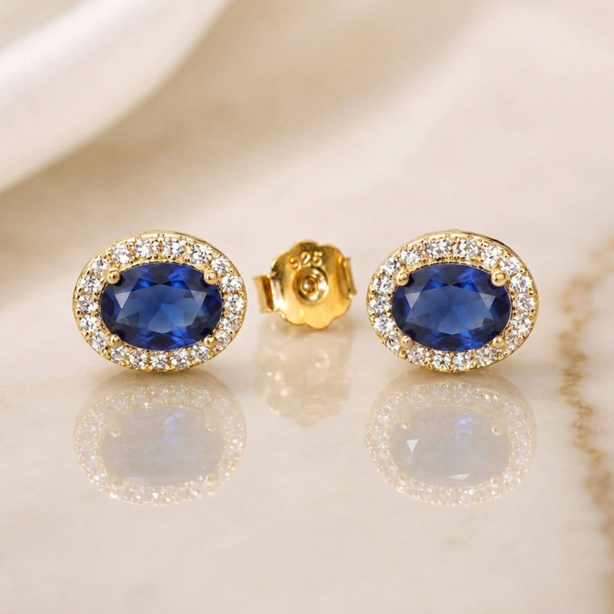 Royal Sapphire Halo Stud Earrings | 18K Gold Plated 925 Sterling Silver – Cubicsappgire
